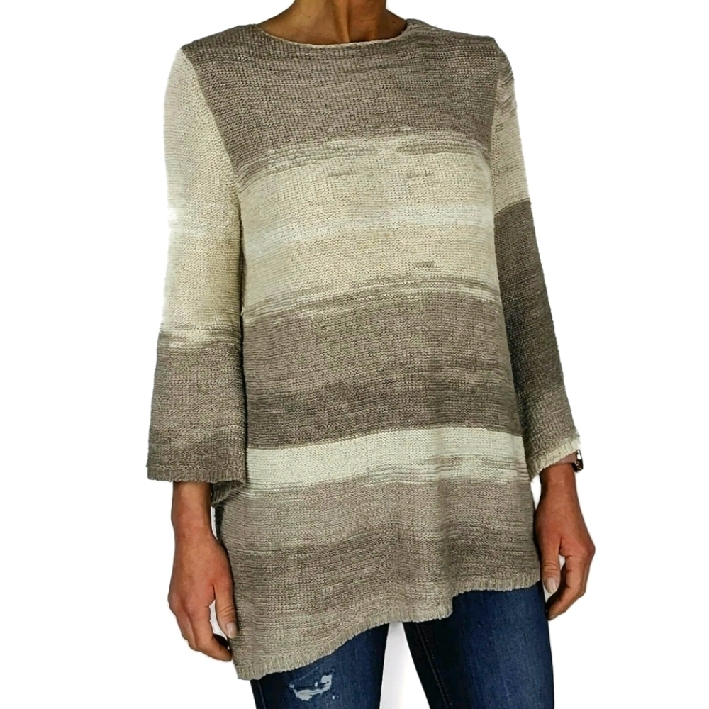 Dana Buchman Creme Tricolor Sweater Size Large Long Sleeve Hi Low